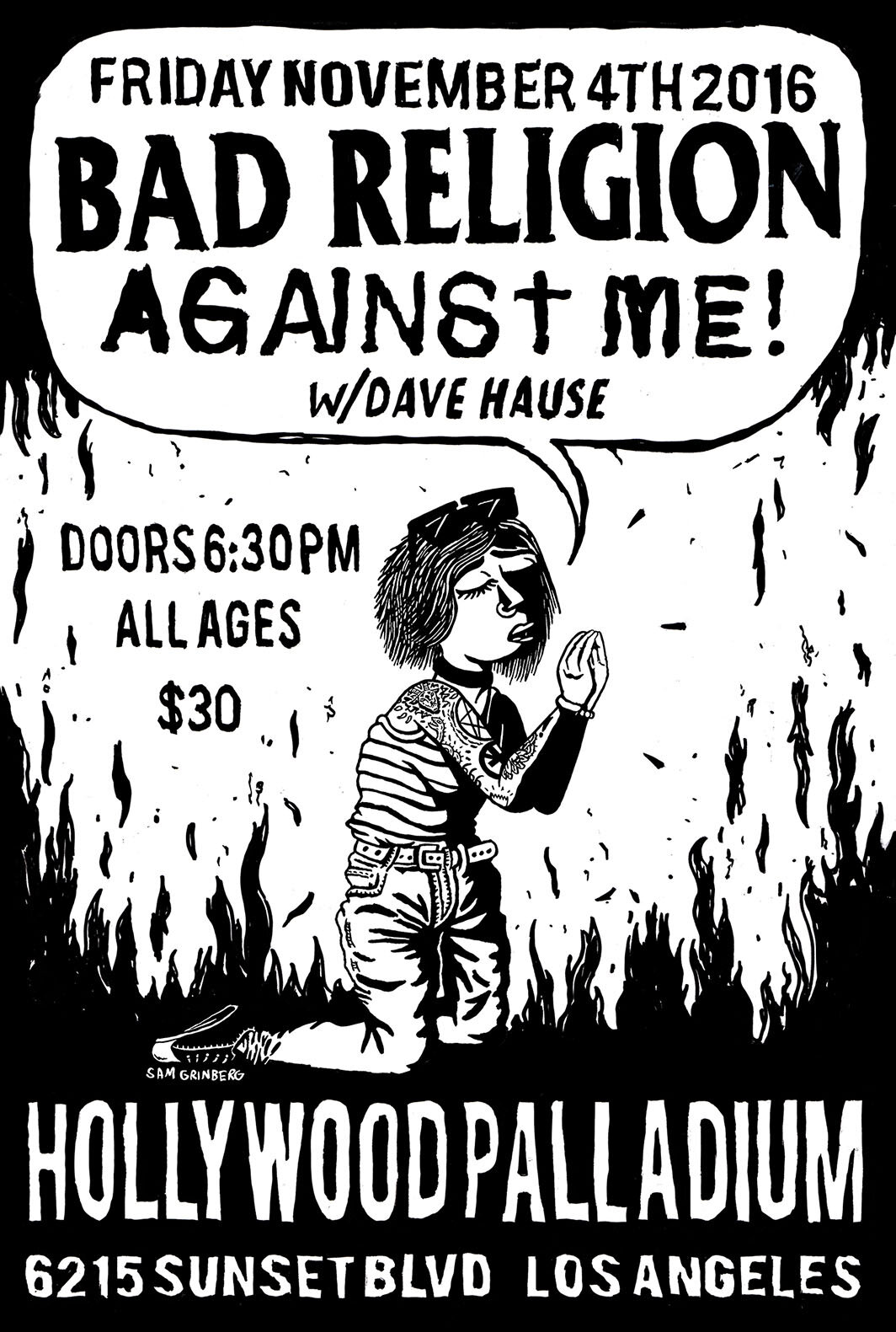  Flyer for  Bad Religion / Against Me!  tour at Hollywood Palladium, screenprinted flyers printed for first 100 guests 