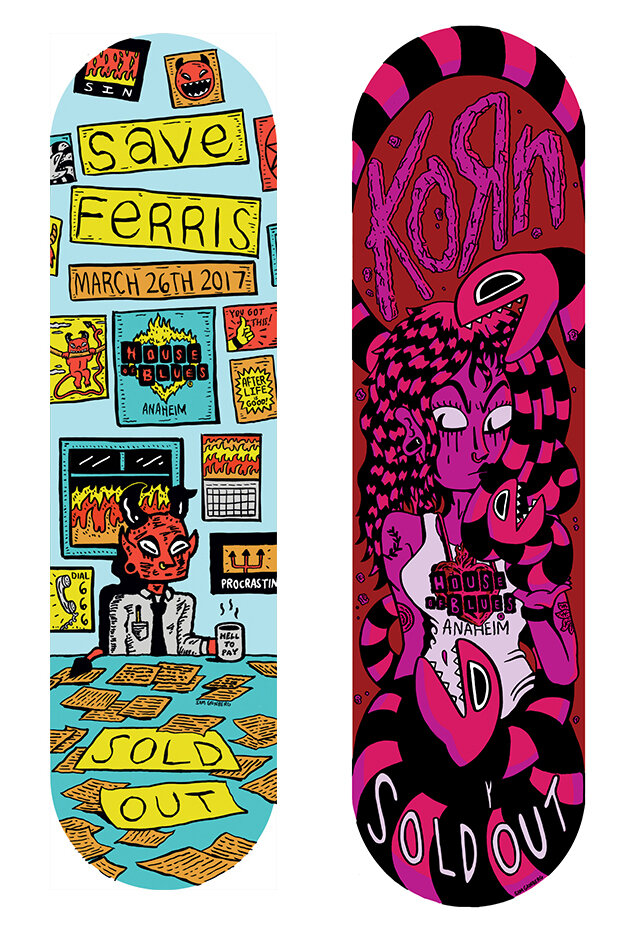  Commissioned illustrations for  Live Nation / House Of Blues  Skateboard Deck Series, permanent installation in Anaheim, CA venue 