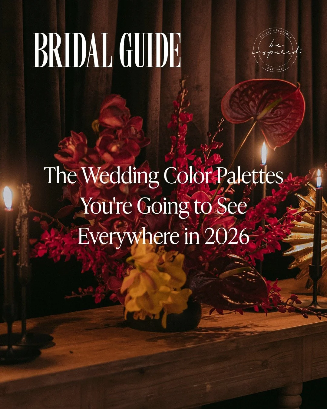 These are the wedding color palettes you're going to see everywhere in 2026 &hearts;️ 

From aubergine &amp; cherry to olive &amp; orchid, see the complete list of color palettes exclusively on @bridalguide!

Cover Image @davidmendozaiii

Black, Aube