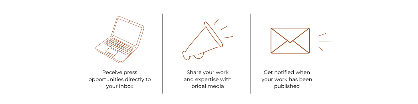 How our PR Subscription program works: Receive press opportunities directly to your inbox, share your work and expertise with bridal media, get notified when your work has been published!