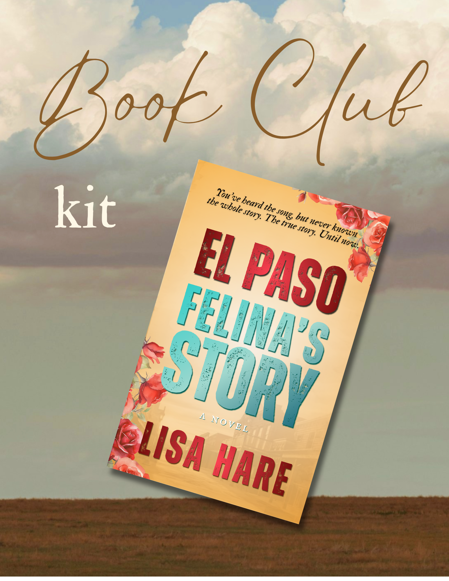 A promotional image with the text "Book Club" written on a cloudy sky background, and a partially visible book cover titled "El Paso's Feli..." with floral design and the author's name, Lisa Hare.