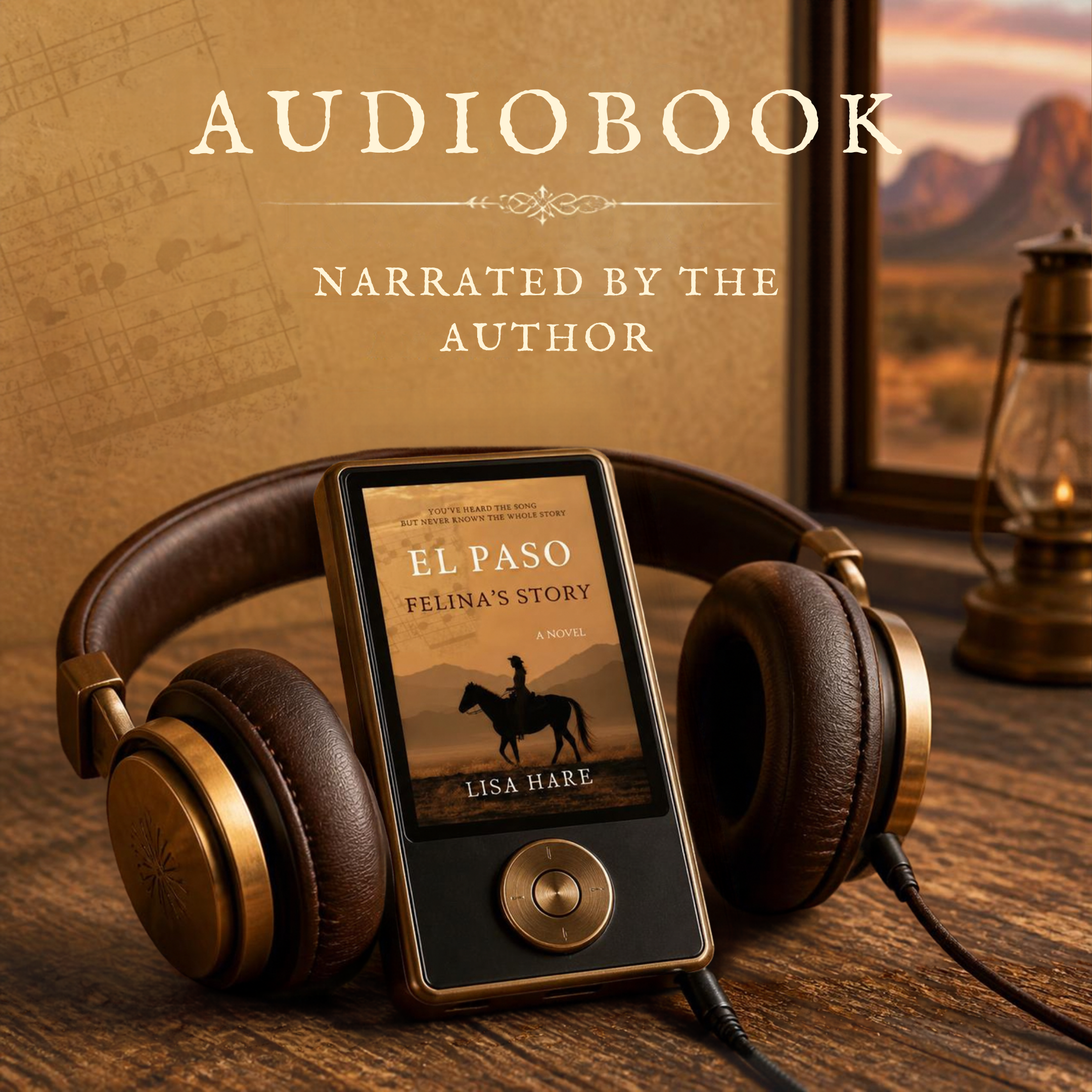 A smartphone displaying the cover of the novel 'El Paso' by Lisa Hare, placed on a pair of brown headphones on a wooden surface. In the background, there is a blurred view of a window with an outdoor scene of mountains and a sunset.