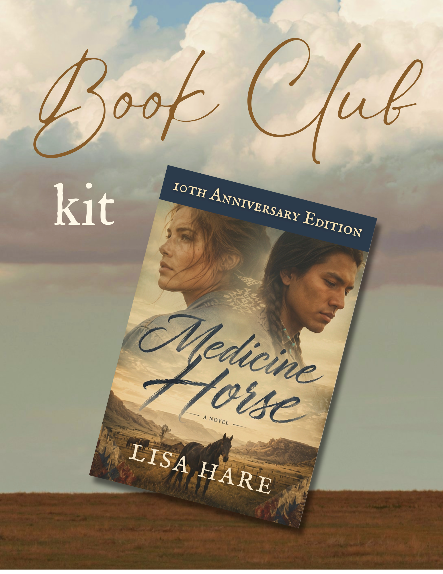 Book cover titled 'Medicine Horse' with a subtitle indicating 10th Anniversary Edition, featuring a scenic landscape with mountains, horses, and a sunset or sunrise.