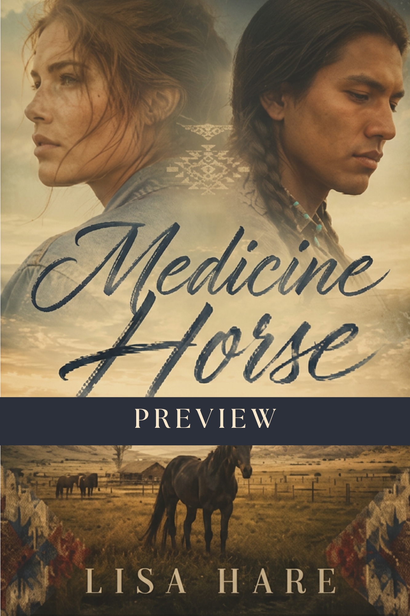 Book cover for 'Medicine for Guide' by Lisa Hare, featuring two women with braided hair and a landscape with horses.