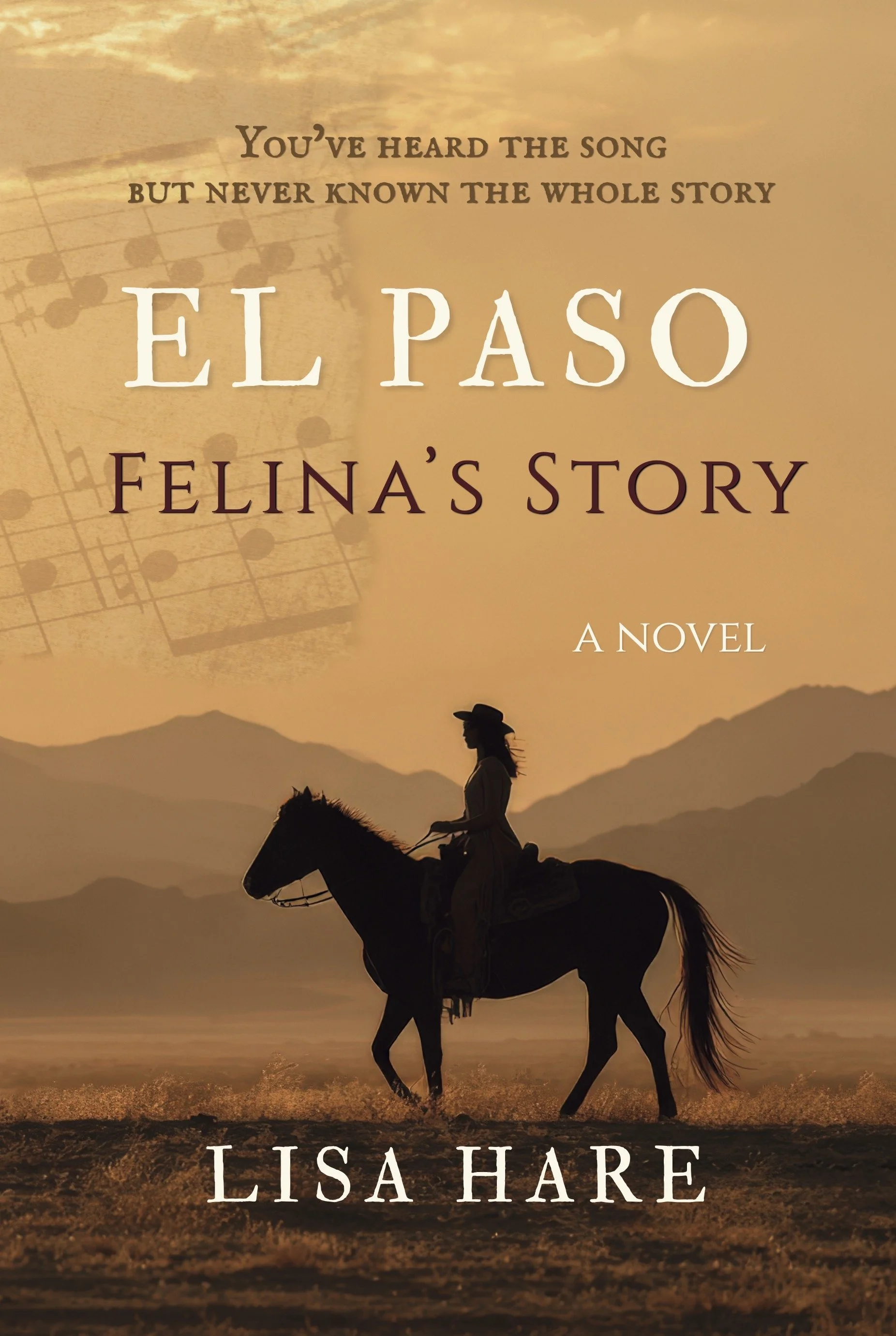 Cover of a novel titled "El Pazo Felina's Story" by Lisa Hare. The background features a gradient from beige to gold with red and pink roses along the edges. The text includes a quote at the top, large stylized title in the center, and author's name at the bottom.