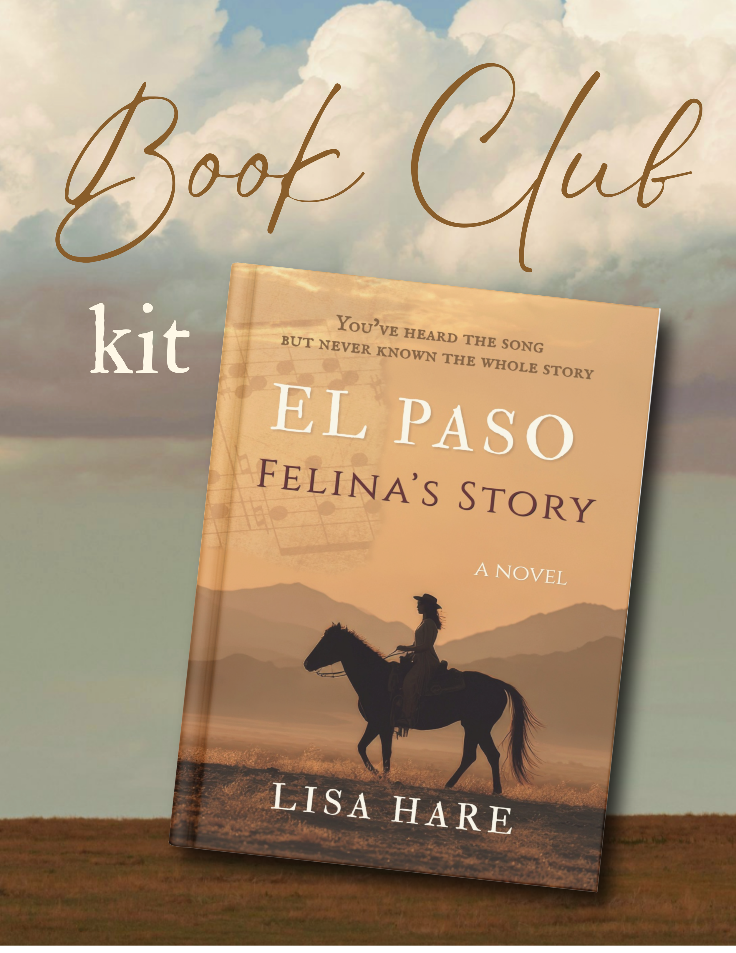 A book titled 'Help El Paso' by Lisa Hare shown against a landscape background with a person riding a horse at sunset and clouds in the sky.