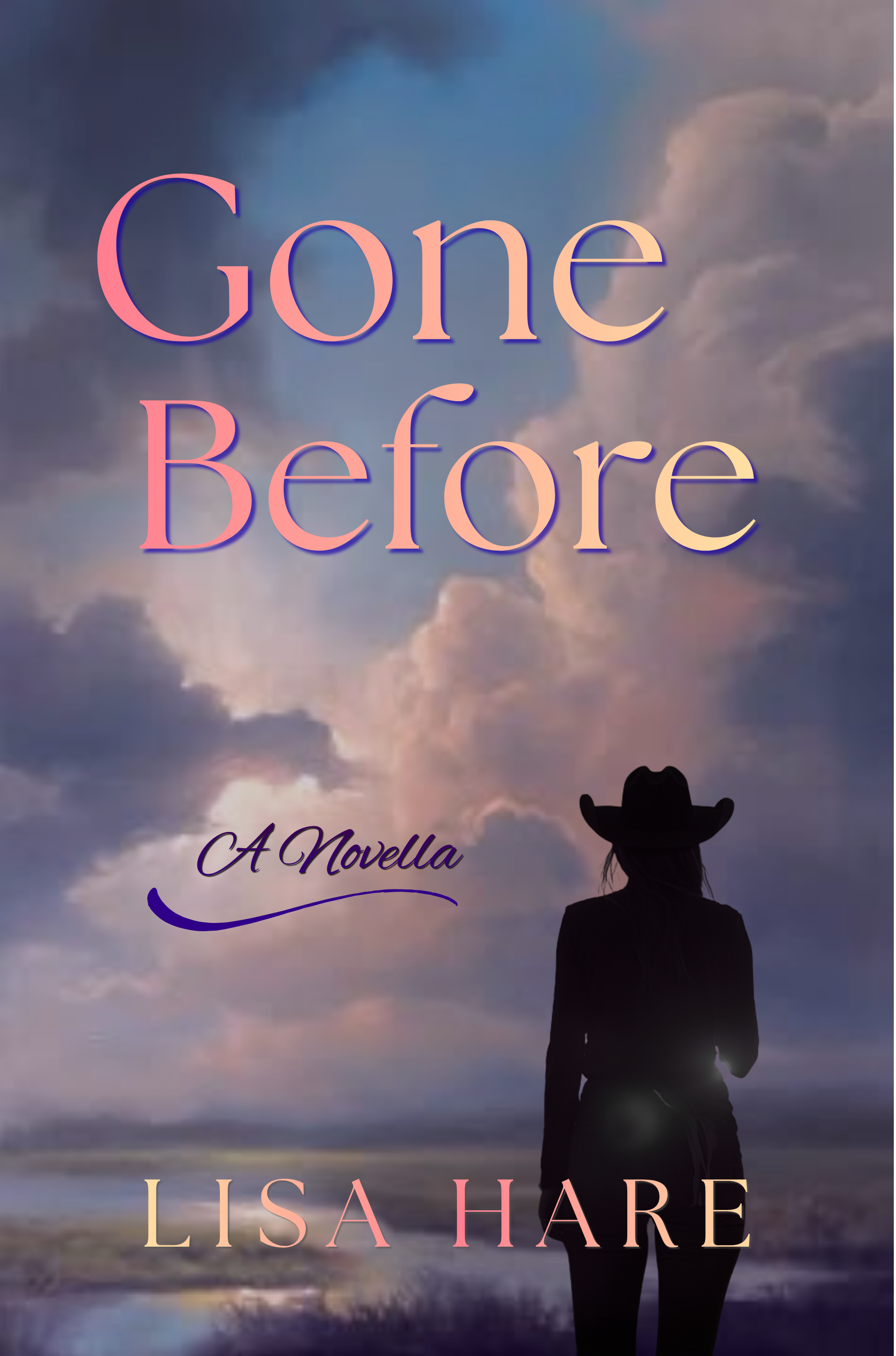 Cover of a book titled "Gone Before" by Lisa Hare. The background features a woman with a cowboy hat standing by the water at sunset or sunrise, with cloudy sky and reflective surface.