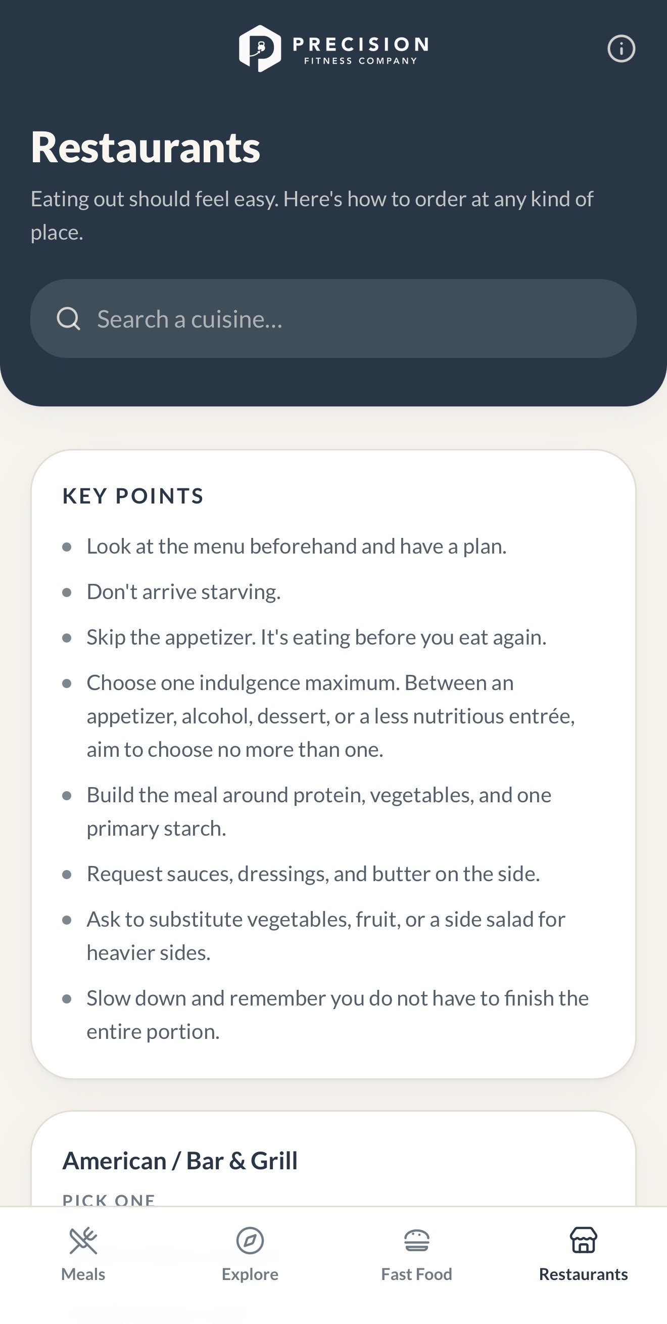 Precision Meals Restaurants screen showing strategies for eating out