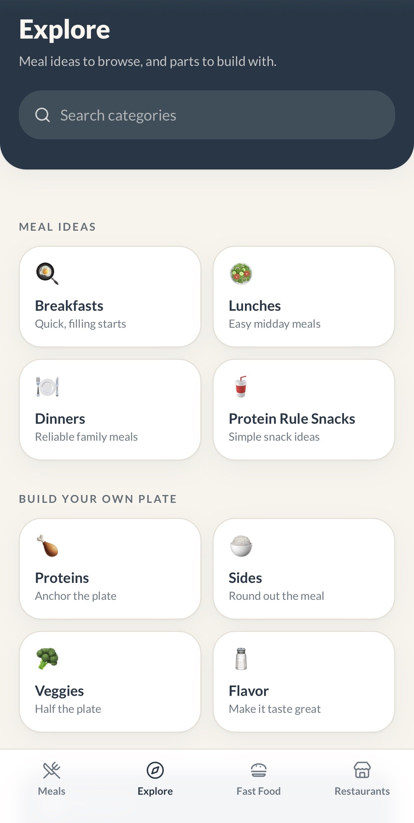 Precision Meals Explore screen showing meal ideas and build-your-own-plate categories