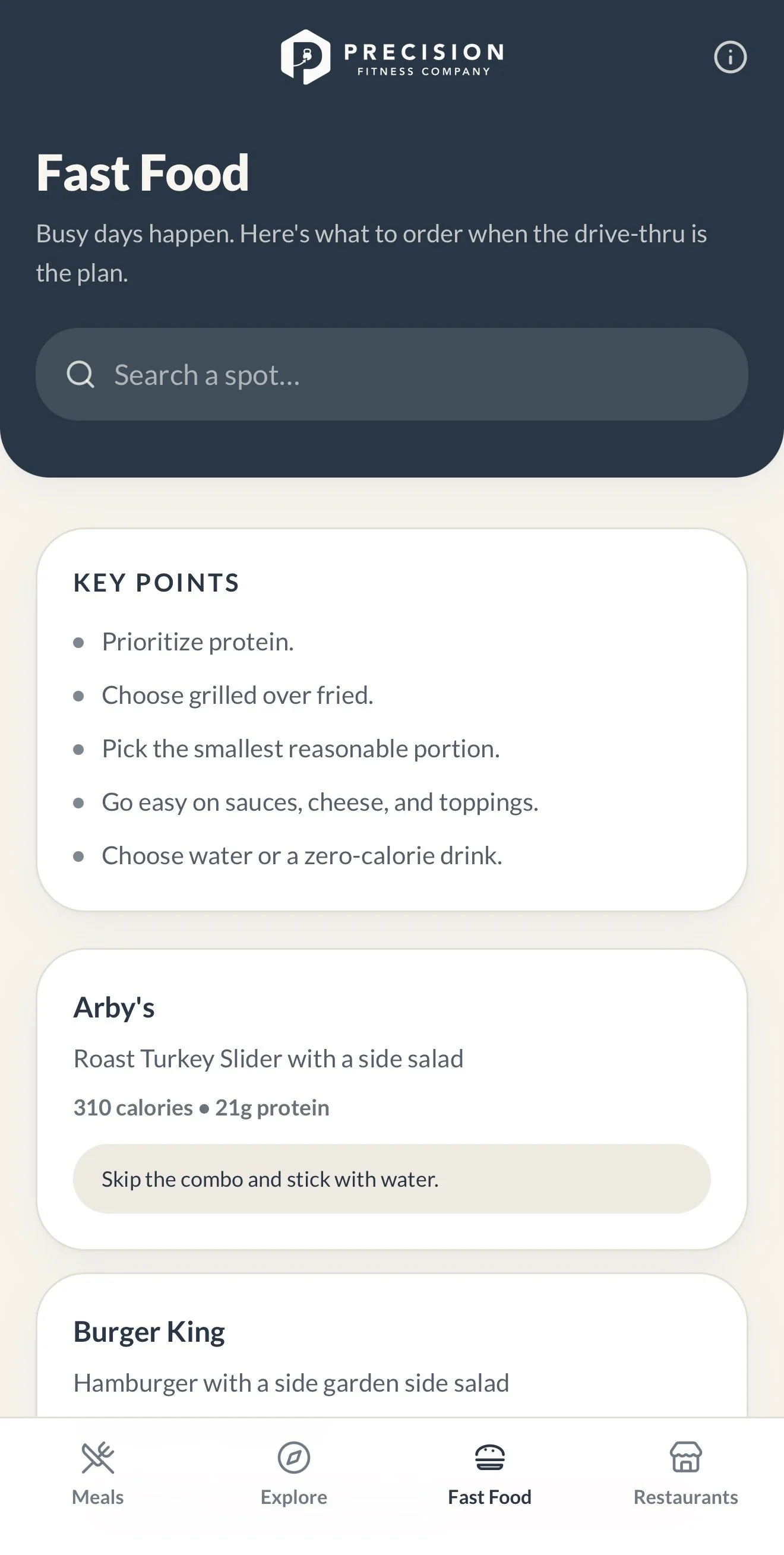 Precision Meals Fast Food screen showing practical ordering recommendations