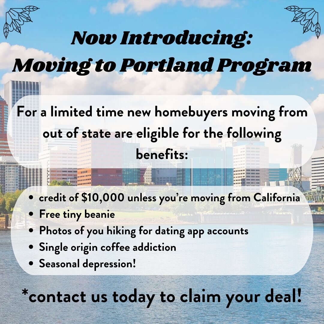 Attention home buyers looking to relocate to Portland, Oregon&mdash;there&rsquo;s an amazing new program tailored just for you!! Leave your umbrella behind and take advantage of these Portland specific deals. Contact us for more information 🤪

#port
