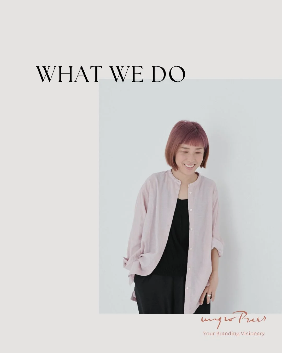 megropressは、
「価値観から世界観を育てる」をコンセプトに
ブランディングディレクションを
提供しています。

その人が本当に伝えたい思いを
言葉と表現に整え、
届け切るところまで
丁寧に伴走しています。

私たちのミッションは、
「思いを外に表現し、
最後まで届け切る人を増やす」こと。

そのため、自分の信じている
価値を形にしたい方、
「届け切る」力を身につけたい方の
サポートをしています。

みなそれぞれにブランドを通した
情熱と願いがあります。
でも、それをこの現実世界で遂げる