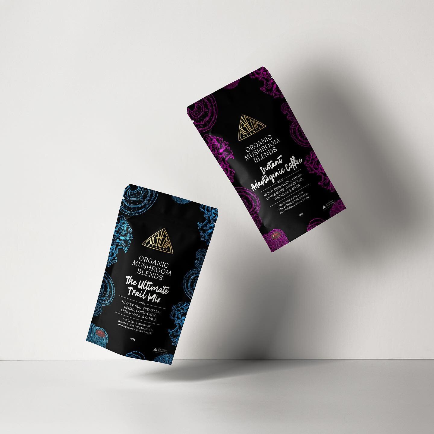 @2die4livefoods approached us for a new packaging suite for their functional organic mushroom blends, Alchemia Organics. The collection combines premium organic ingredients with nature&rsquo;s best adaptogens to allow people to easily include these p