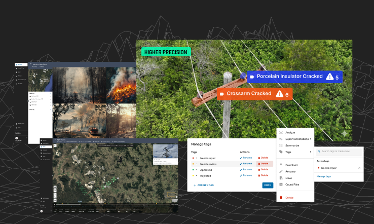 Interface showing AI analysis of utility assets and wildfire imagery, highlighting detected defects and map-based inspection data.