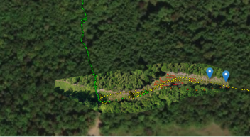 Aerial view of a forested area with a winding trail marked with yellow and black dots, and two blue location markers at the trail's end.