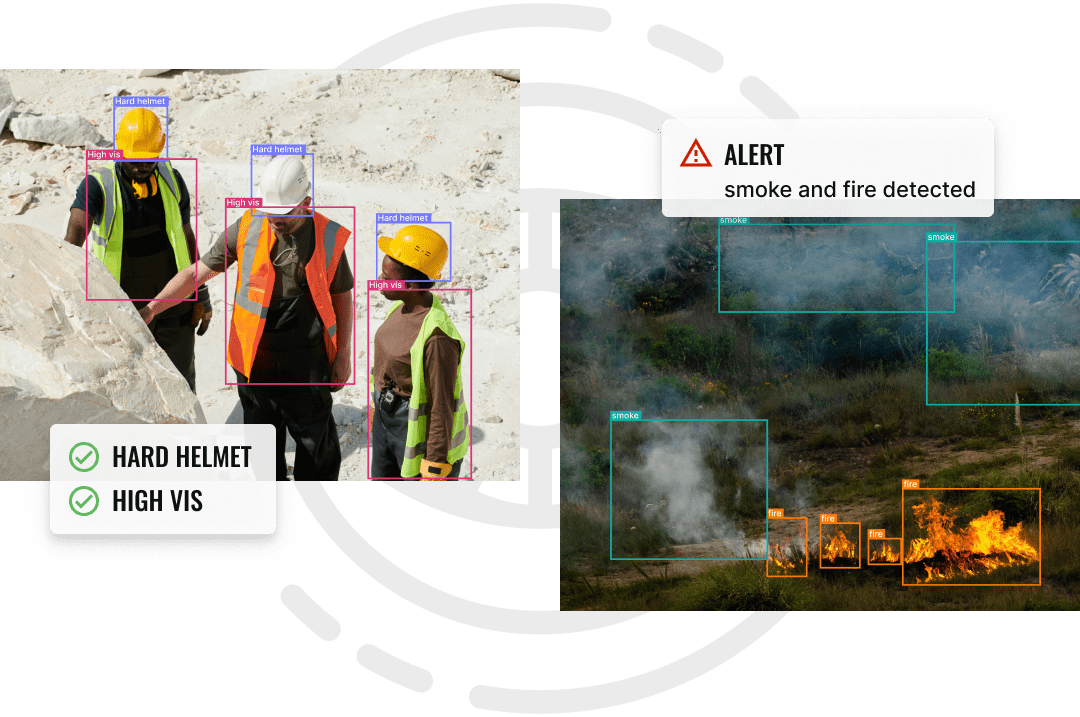 Image showing safety equipment detection and a fire alert. Three workers wearing hard helmets and high visibility vests are inspecting a site. An alert box indicates smoke and fire detected in a nearby area with images of flames and smoke.
