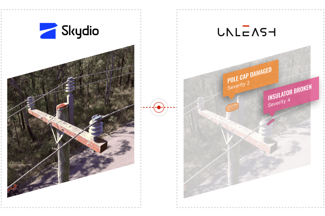 A split-screen comparison of an electrical utility pole with a damaged pole cap and broken insulator. The left side shows the original pole, and the right side highlights the defects with labels indicating severity.