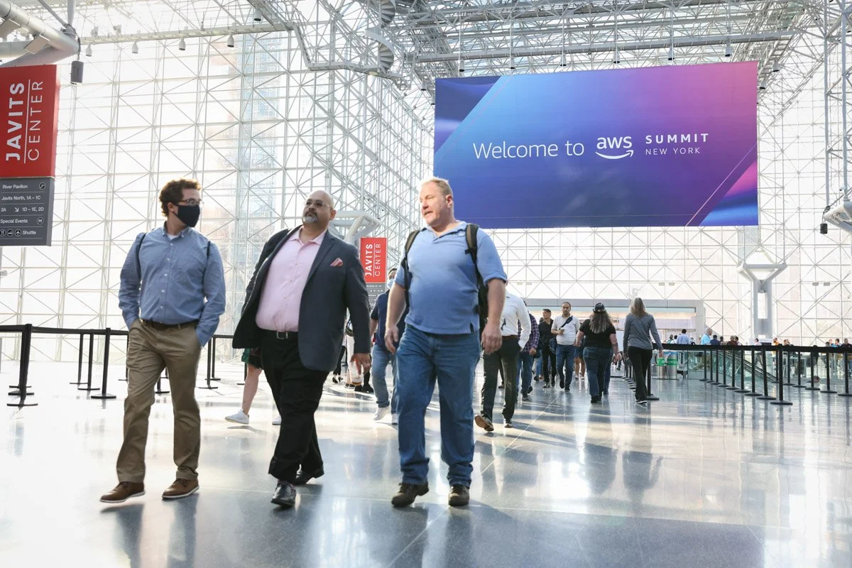 attendees entering the Javits Center at the Amazon Web Services Summit in New York City