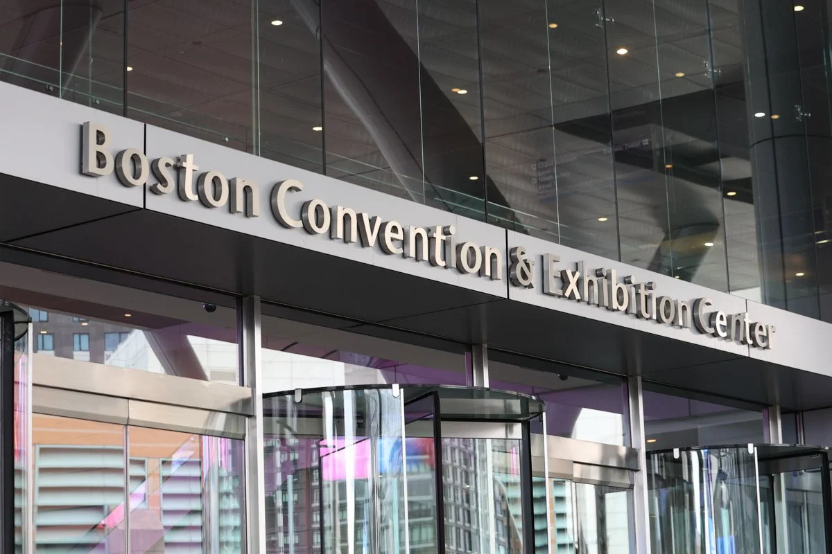 Exterior entrance details of the Boston Convention and Exhibition Center, a premier corporate conference venue