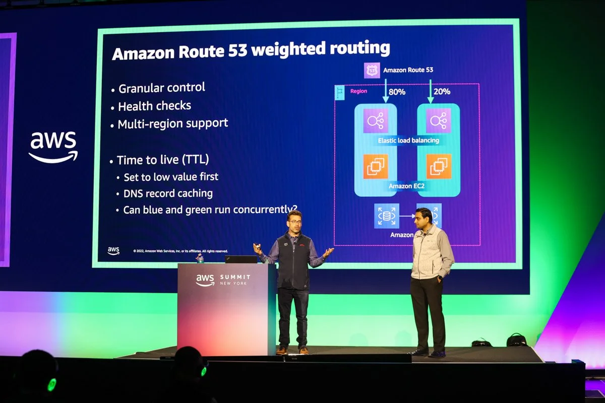 Industry leaders speaking on a panel at the Amazon Web Services Summit at the Javits Center in New York City