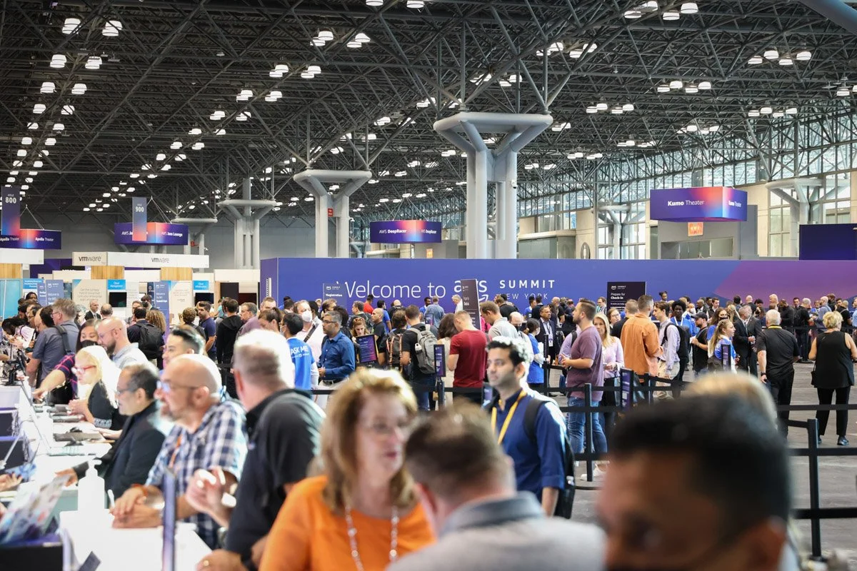 busy registration at the Amazon Web Services Summit in New York City
