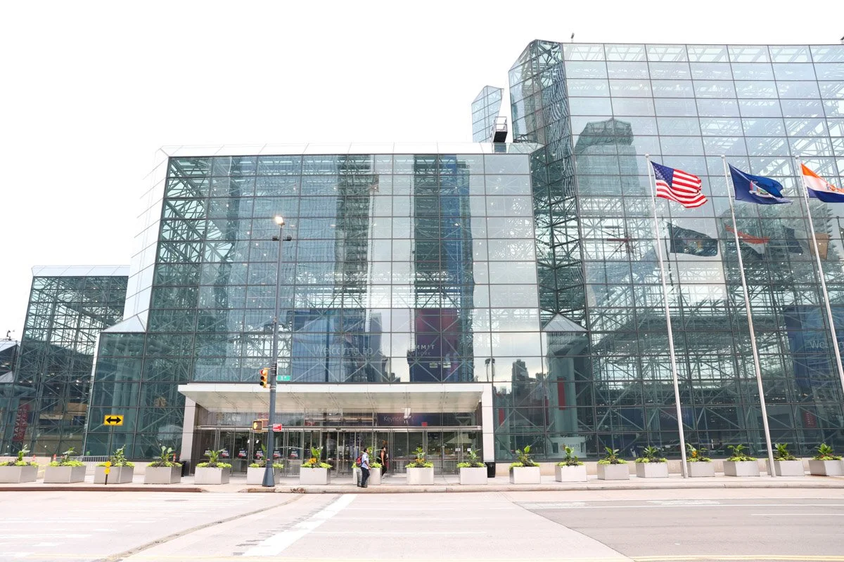Exterior entrance details of the Javits Center, a premier corporate conference and convention venue in new york city