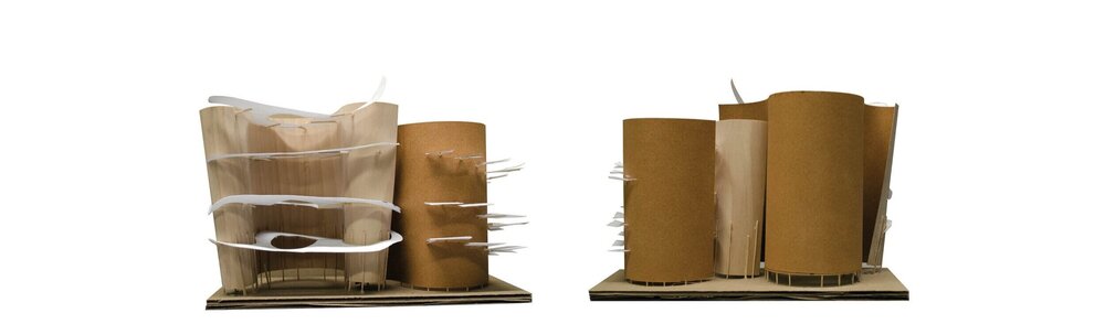 Study model exploring the fluidity of the book tower and the interaction between the spines and backs of the books.