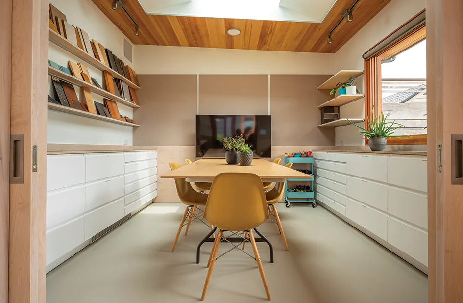 Image Credit: Alex CrookMeet and Greet | Architects Lauren and Kyle Zerbey converted their home's 1910 garage into this stylish studio for their growing design business, with a conference room for meeting clients a shared work space (below).