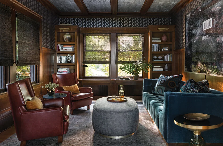 Image Credit: Haris KenjarLiving Luxe | The bold use of pattern and color in this den challenged the homeowners’ aesthetic, but it’s now their favorite room in the house.