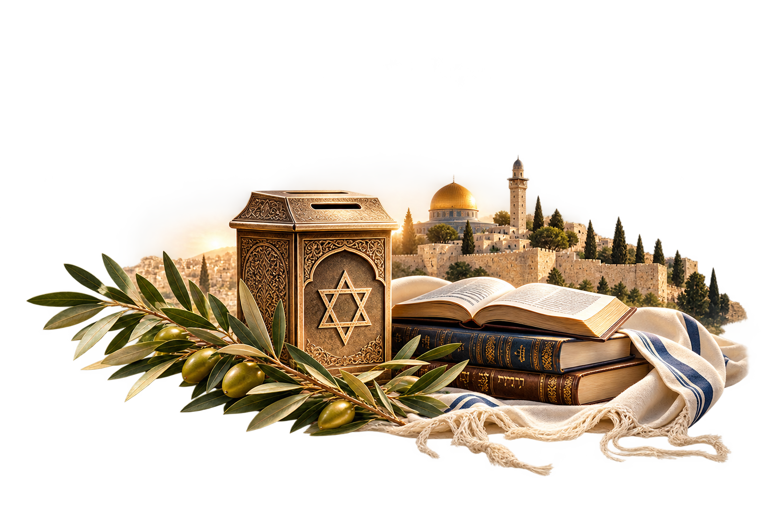 Donation box, olive branches beside Jerusalem