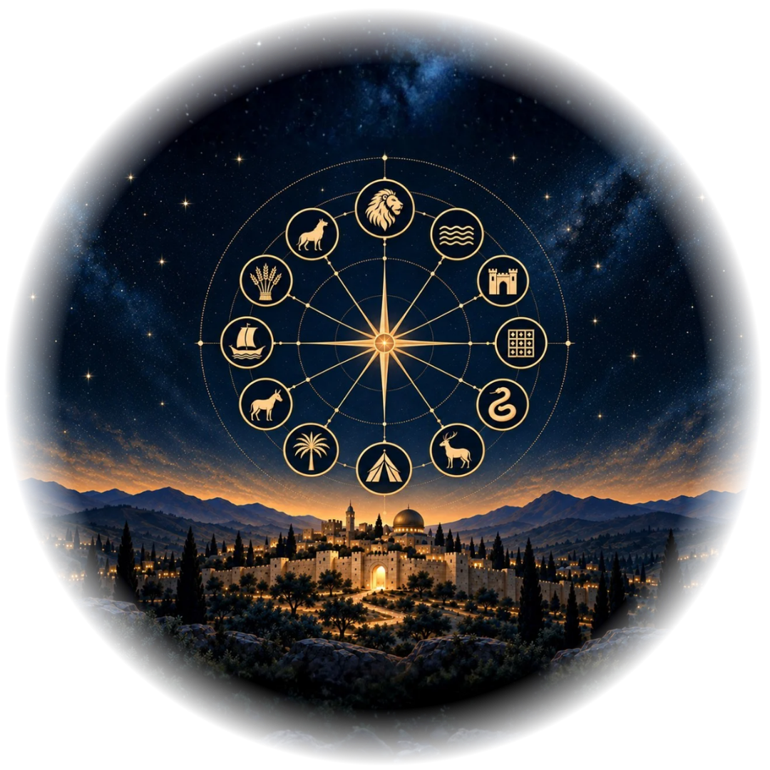 Symbols of the Twelve Tribes of Israel surrounding Jerusalem