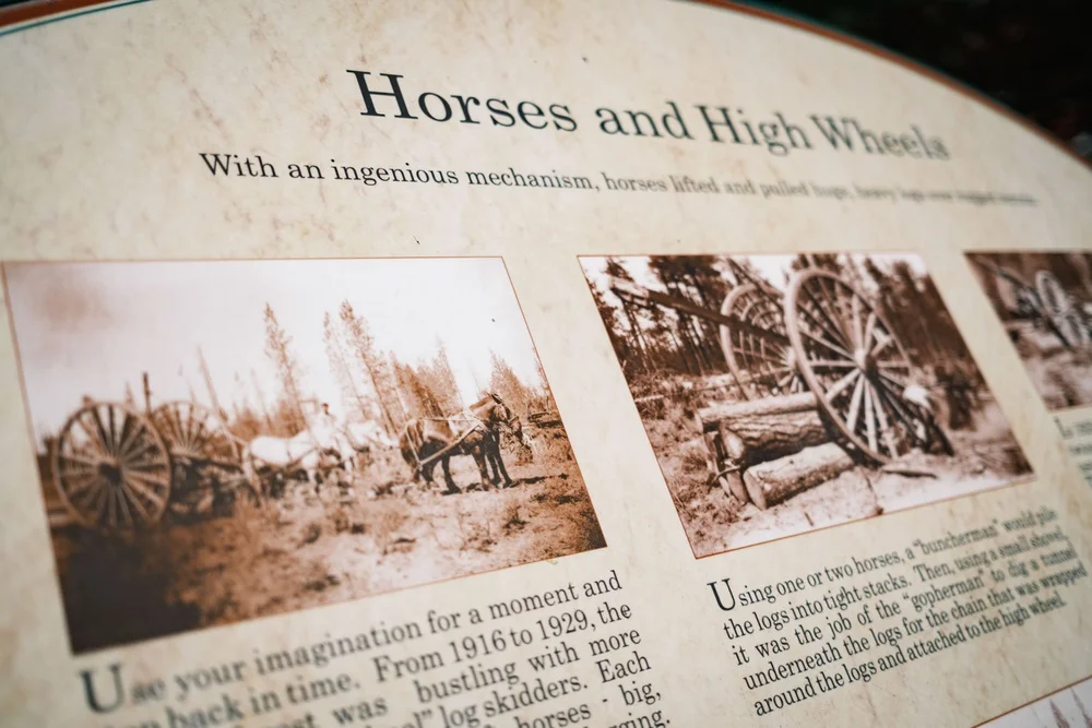 Horses and High Wheels historical exhibit sign post in Drake Park Bend, Oregon