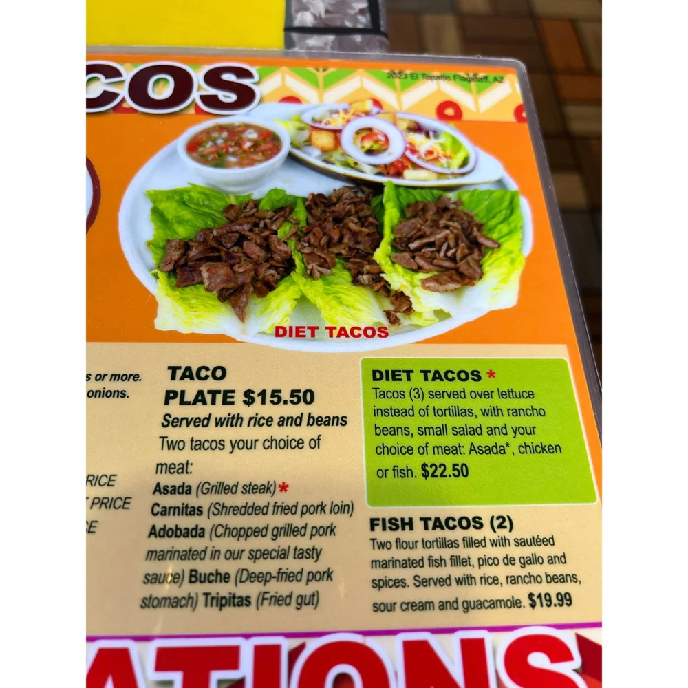 El Tapatio Flagstaff, Arizona - tacos menu