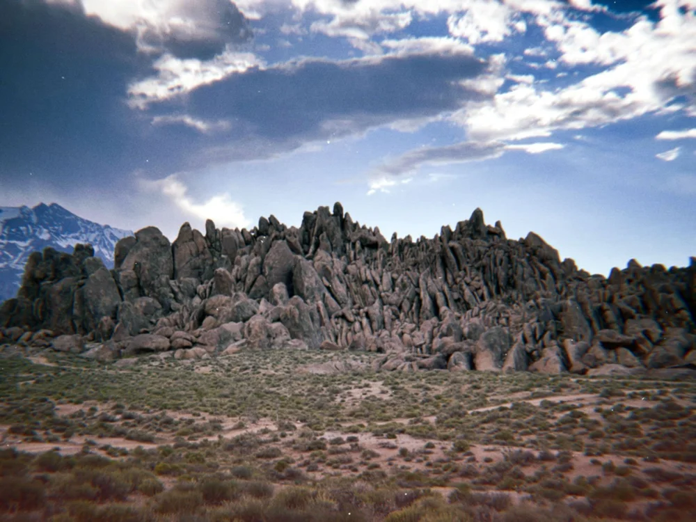 Alabama Hills view of a large group of rock formations from our dispersed campsite