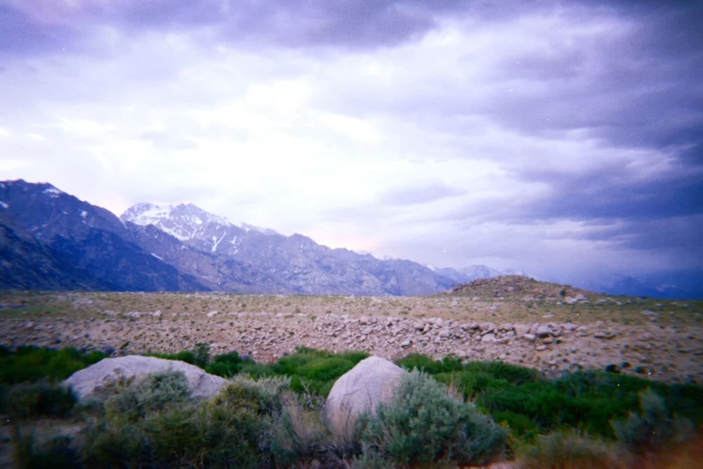 Alabama Hills Sierra Nevada mountains at sunset in clouds