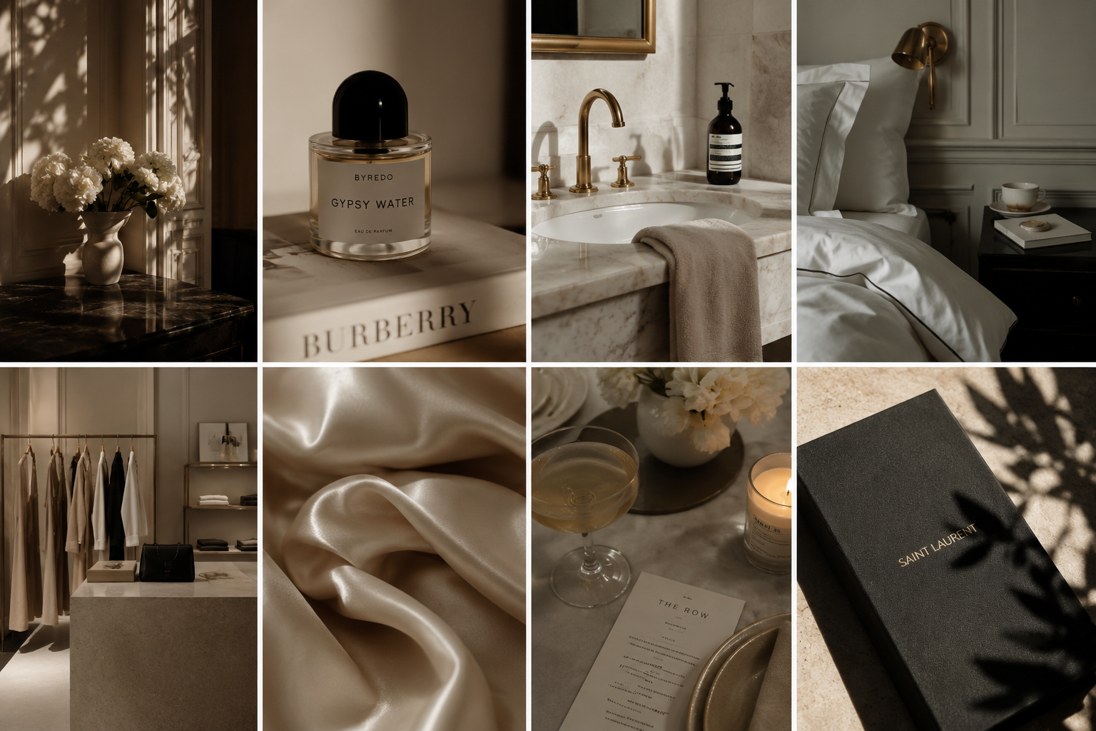 Luxury atmosphere collage featuring tactile materials and elegant interiors.