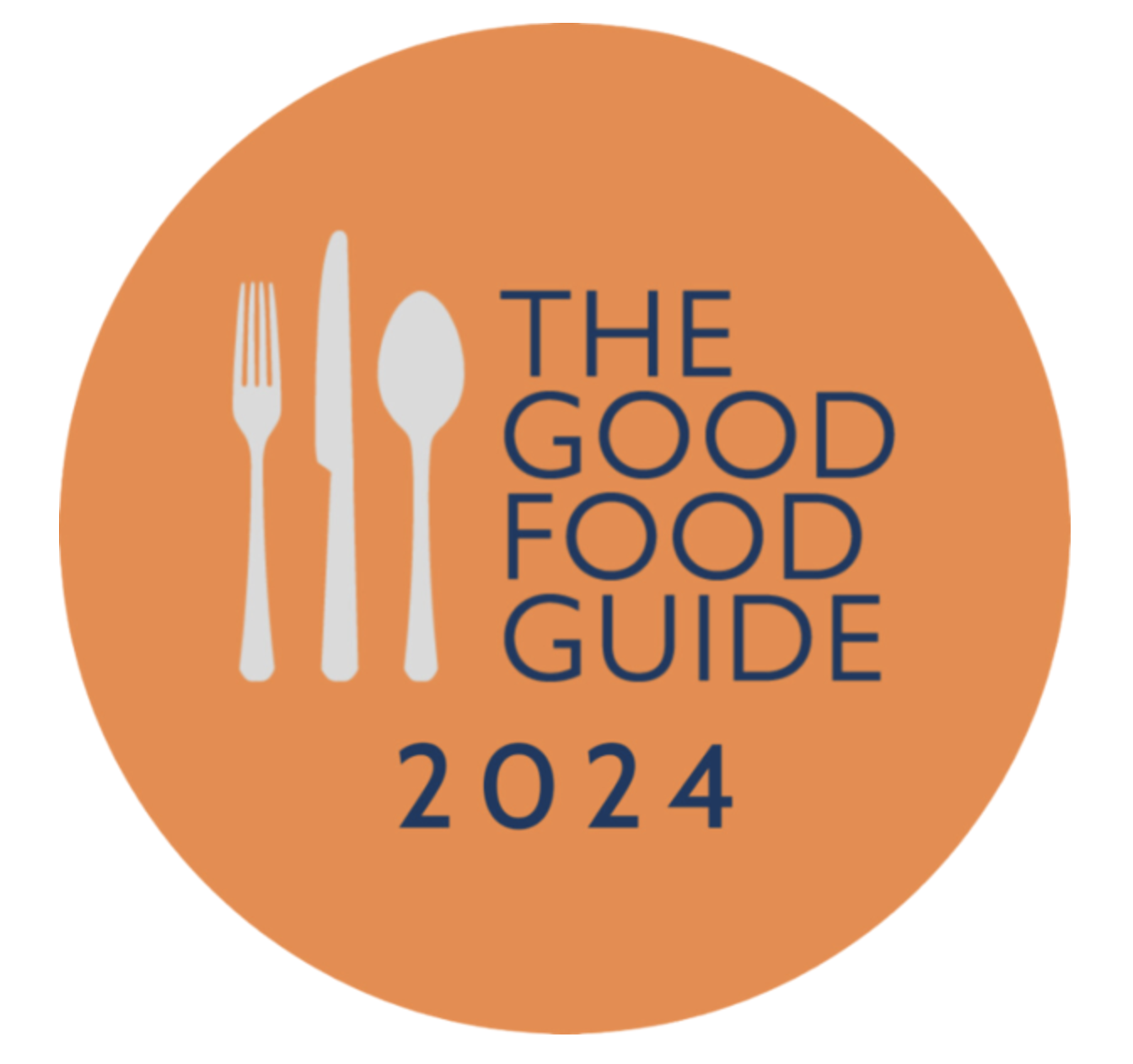 An orange circle with a gray fork, knife, and spoon on the left. The text on the circle reads, "The Good Food Guide 2024."