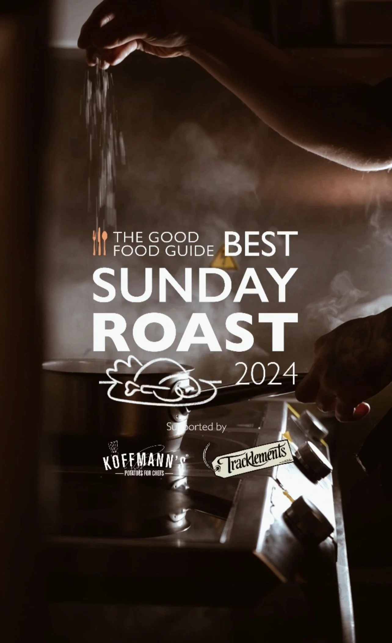 Image promoting the best Sunday roast of 2024, supported by Koffmann's and Tracklements, featuring a person seasoning a roast in a kitchen.