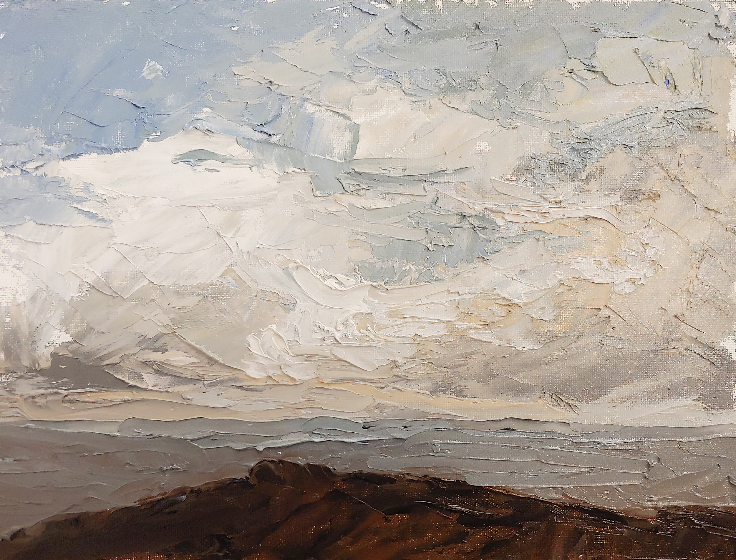 Open Sea in East Iceland. February 2020. 9”x12” Oil on panel, palette knife. [Completed during AIR with Fish Factory Iceland]