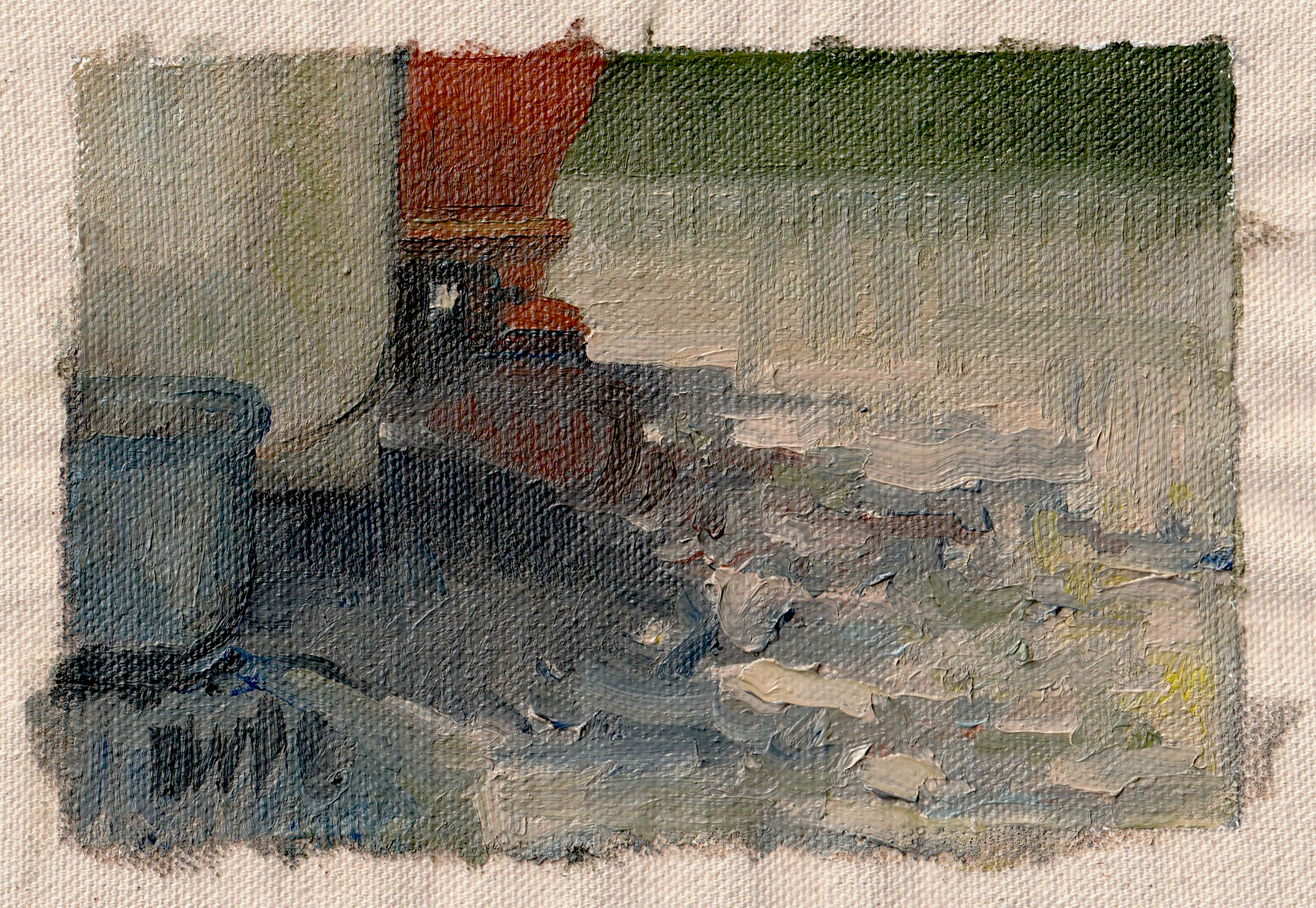 Garden Pot Shadows. Maryland, USA. Summer 2024. 4"x6" Oil on raw, unstretched canvas.