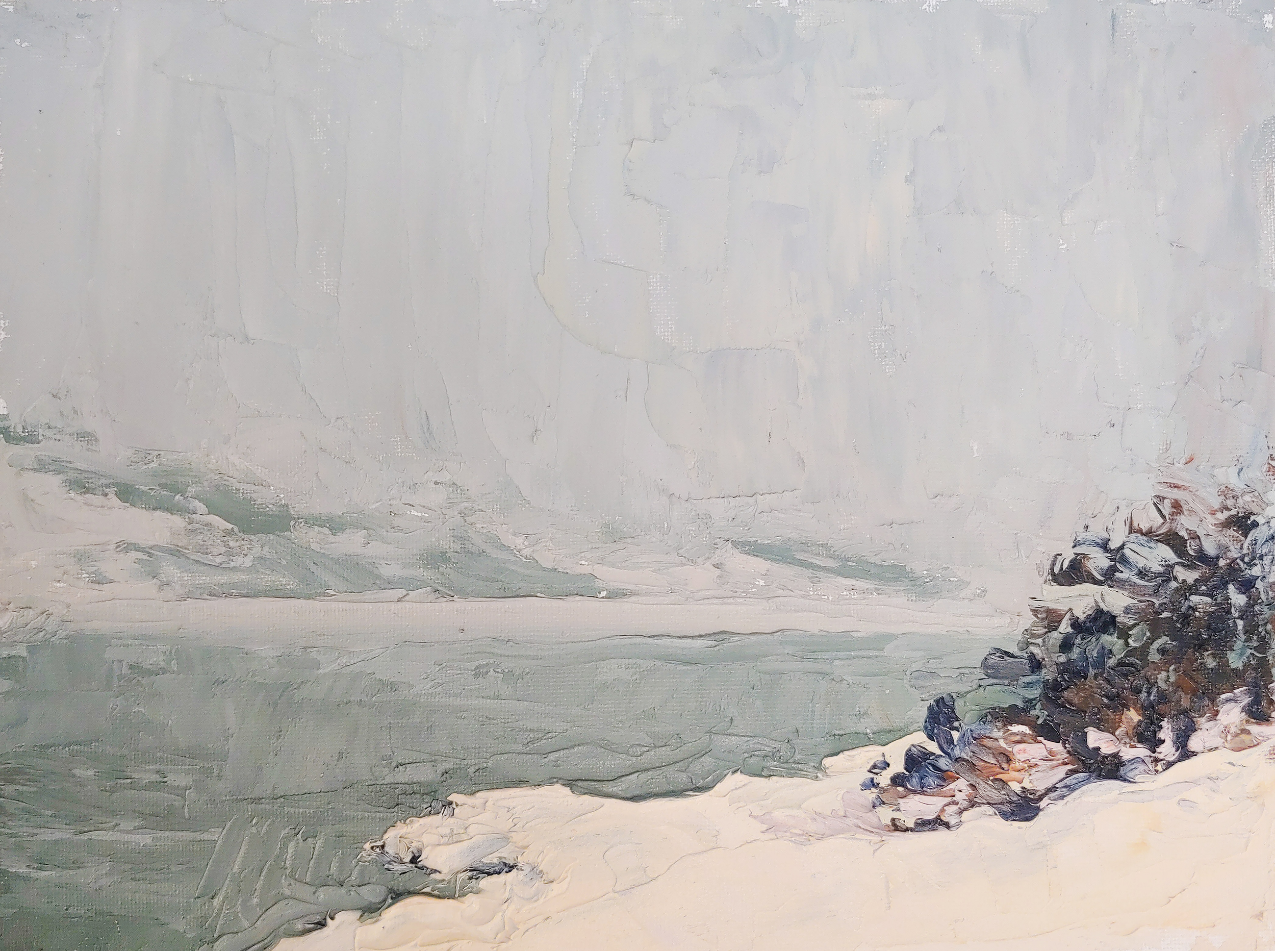 Lake Shore in Egilsstadir, Iceland. February 2020. 9”x12” Oil on panel, palette knife. [Completed during AIR with Fish Factory Iceland]