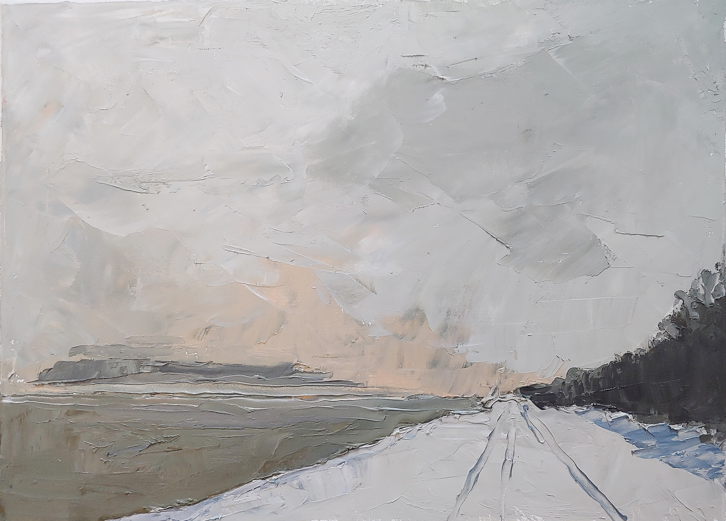Egilsstadir Lake Road in Iceland. February 2020. 12”x16” Oil on canvas, palette knife. [Completed during AIR with Fish Factory Iceland]