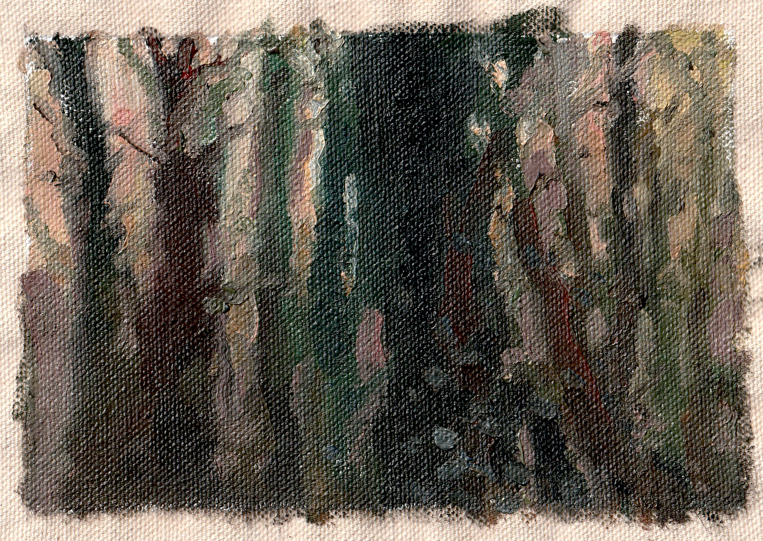 Another Backlit Forest. Maryland, USA. Spring 2025. 4"x6" Oil on raw, unstretched canvas. 