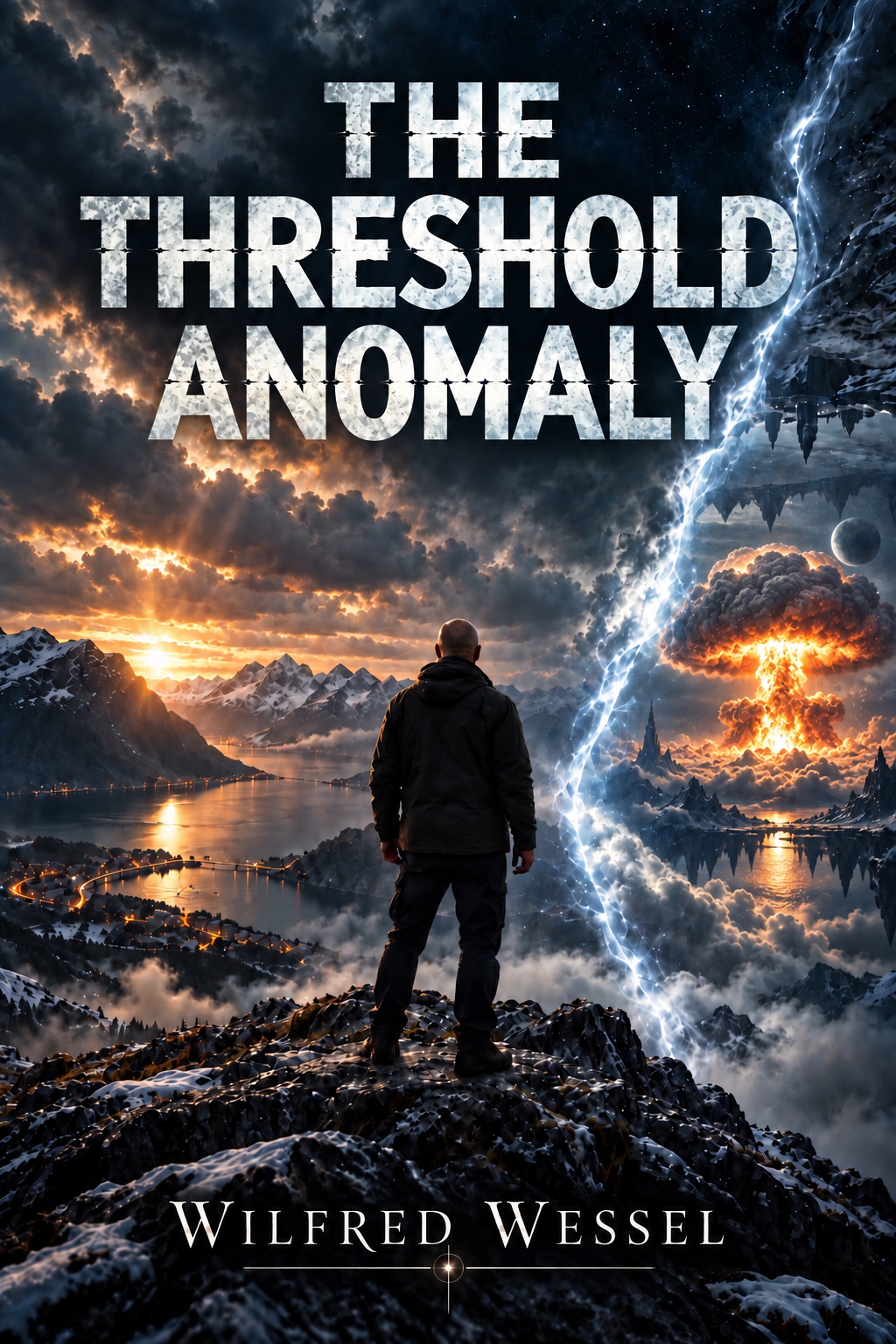 Book cover for The Threshold Anomaly by Wilfred Wessel, showing a bald man facing a glowing multiverse rift and an atomic explosion.