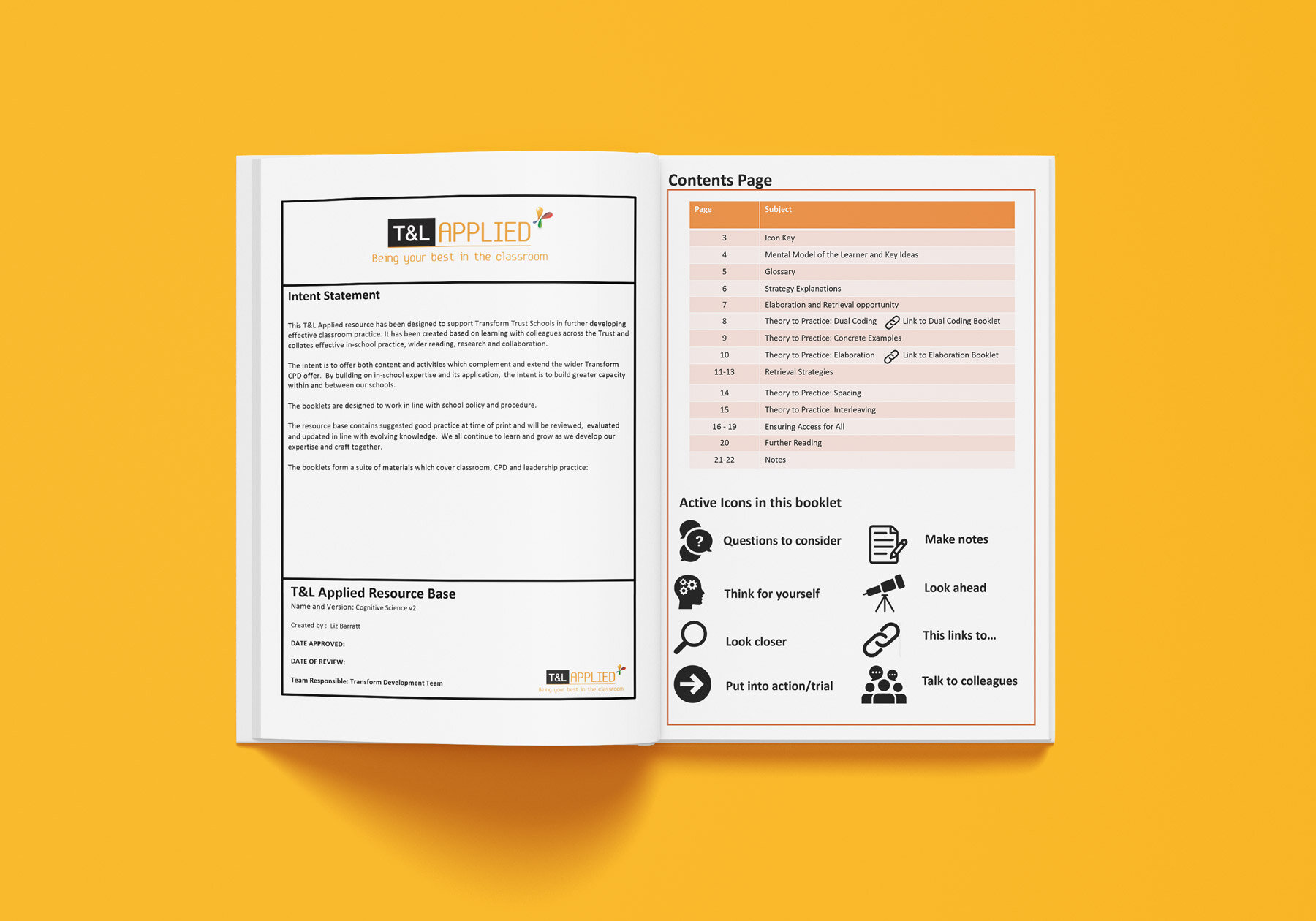 Overview of Cognitive Science - Transform Applied Teaching & Learning workbook contents page