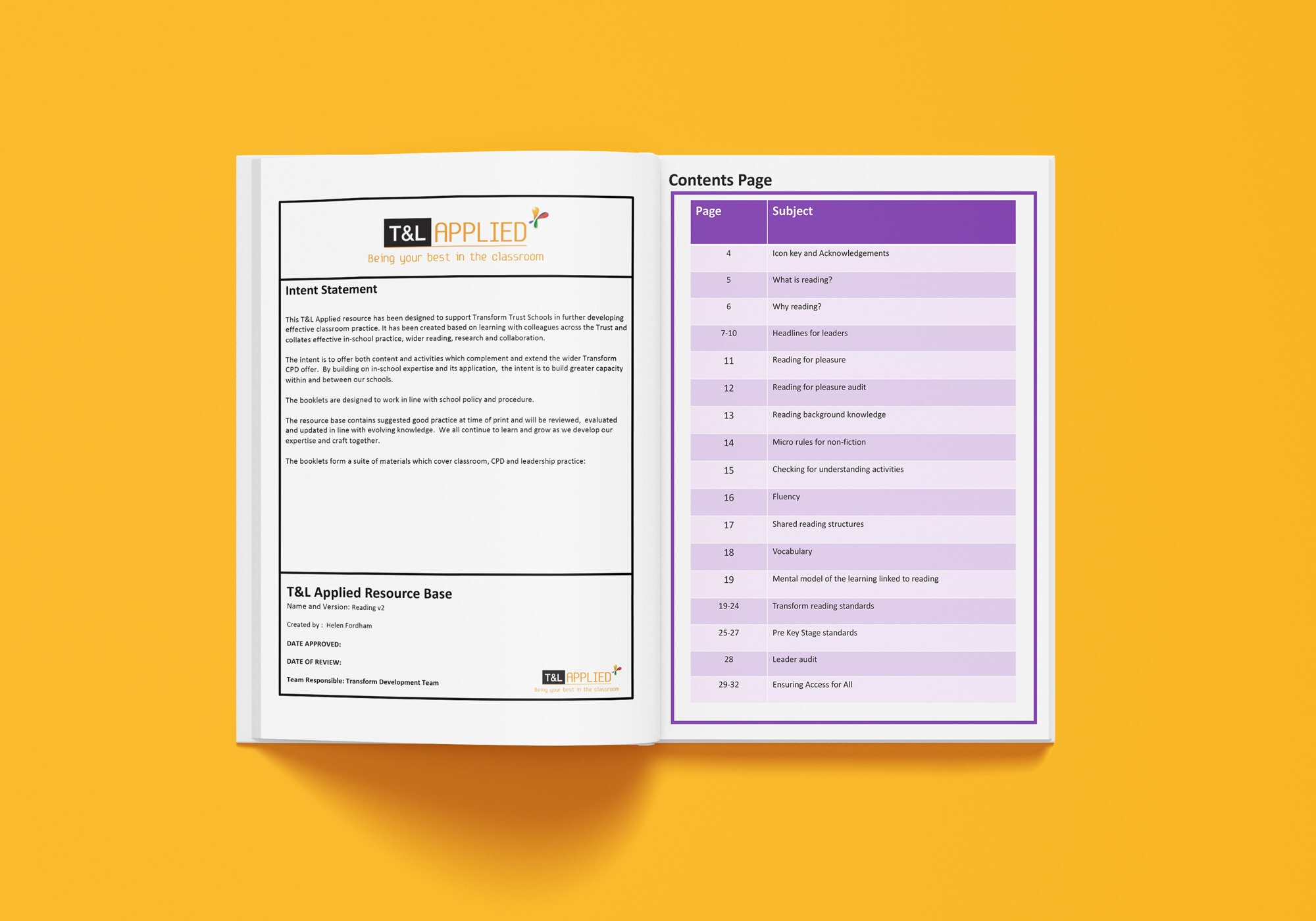 Reading Workbook - Transform Applied Teaching & Learning Contents Page