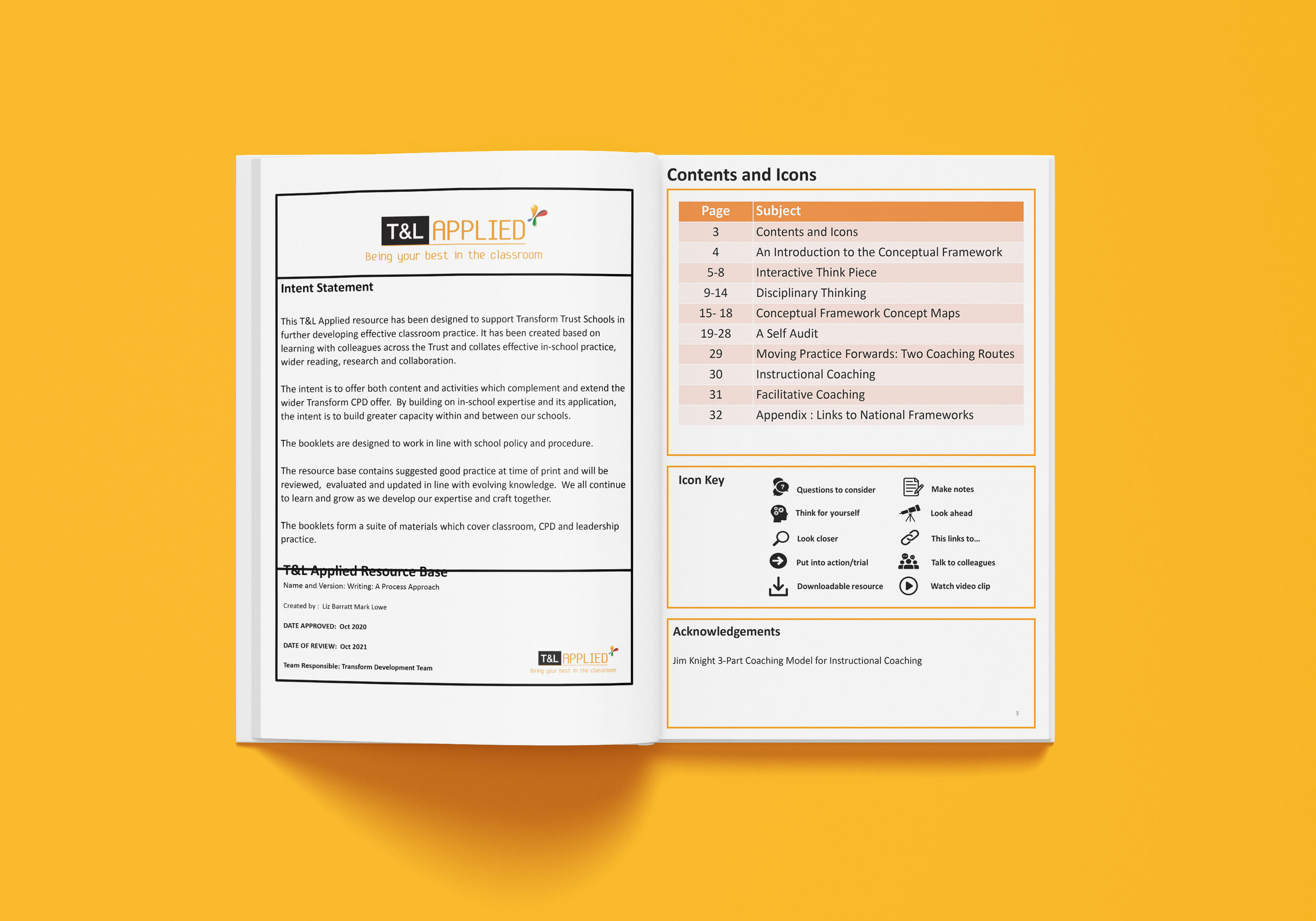 Conceptual Framework for Learning Booklet - Transform Applied Teaching & Learning workbook contents page