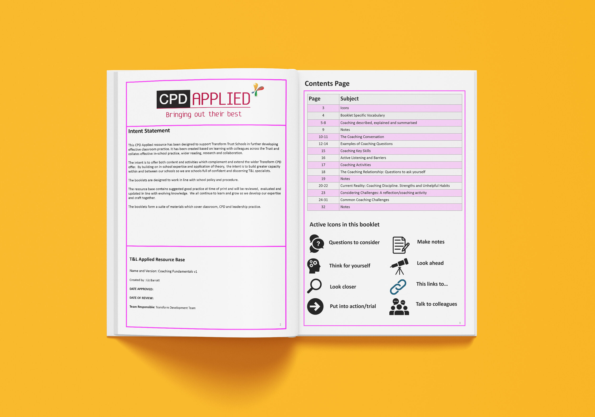 Coaching Fundamentals Booklet - Transform Applied Teaching & Learning workbook contents page