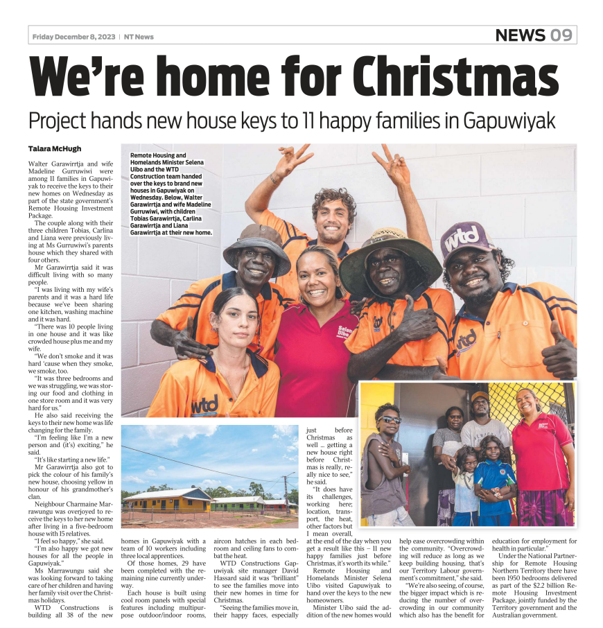 NT News 8.12.23 - Gapuwiyak 11 dwellings handover November.png