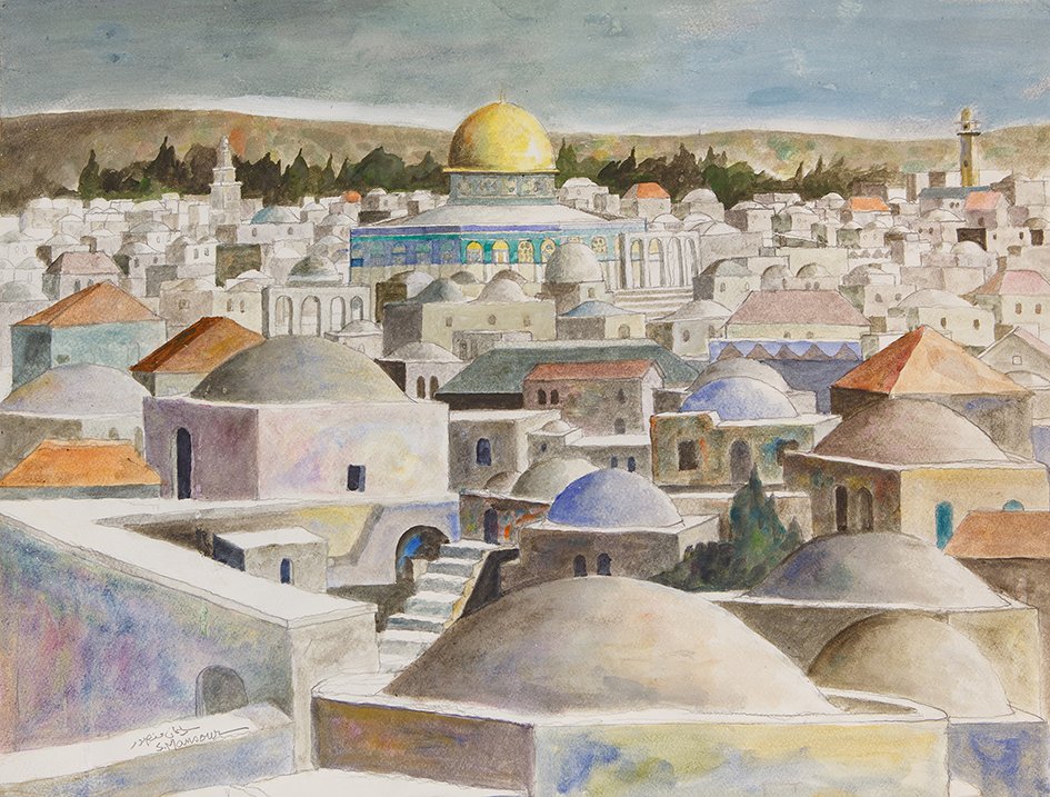 Sliman Mansour painting 'Jerusalem Rooftops'